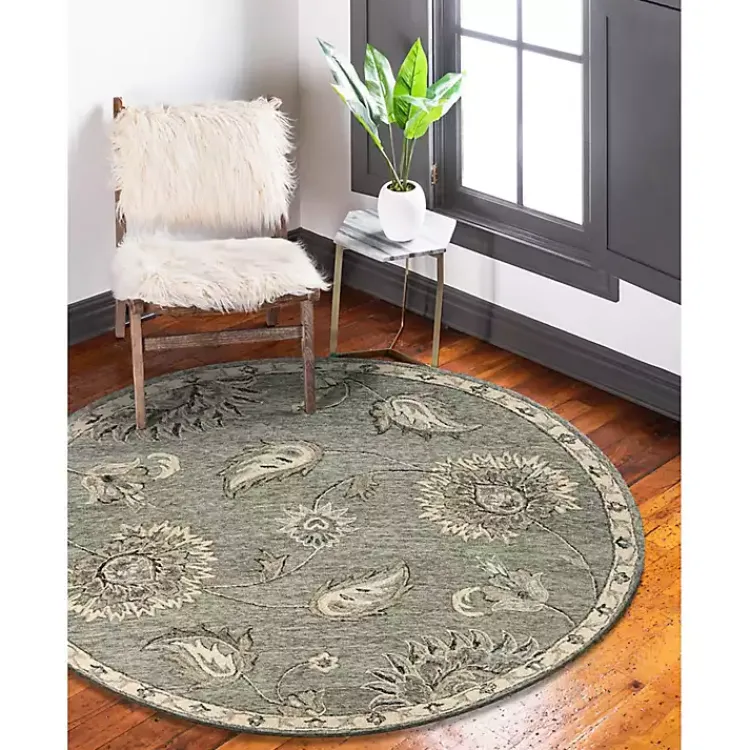 Area Rugs-Kirklands Home Round Gray and Botanical Area Rug, 4x4 Blue
