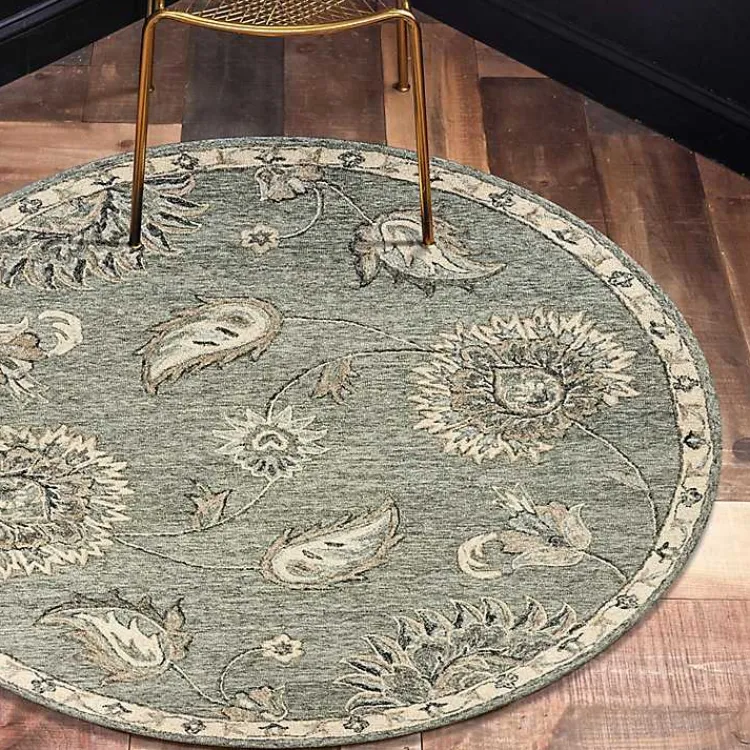 Area Rugs-Kirklands Home Round Gray and Botanical Area Rug, 4x4 Blue