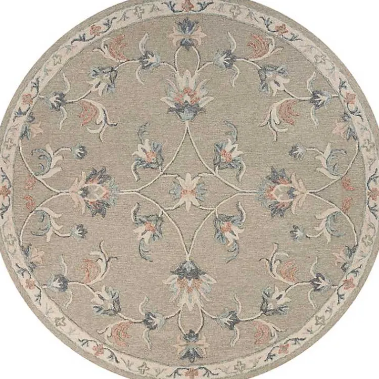 Area Rugs-Kirklands Home Round Traditional Floral Area Rug, 4x4 Gray