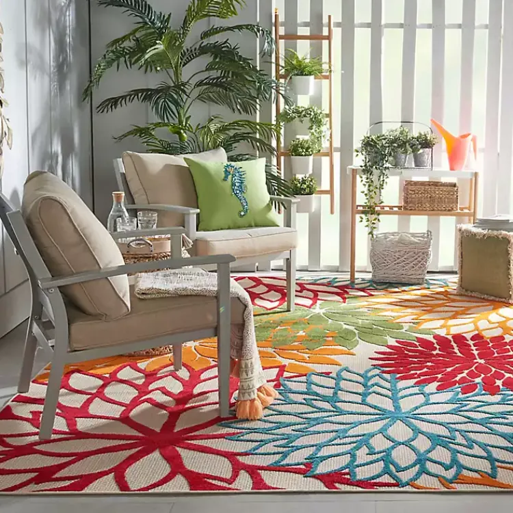 Outdoor Rugs-Kirklands Home Bright Red Floral Burst Outdoor Area Rug, 6x9