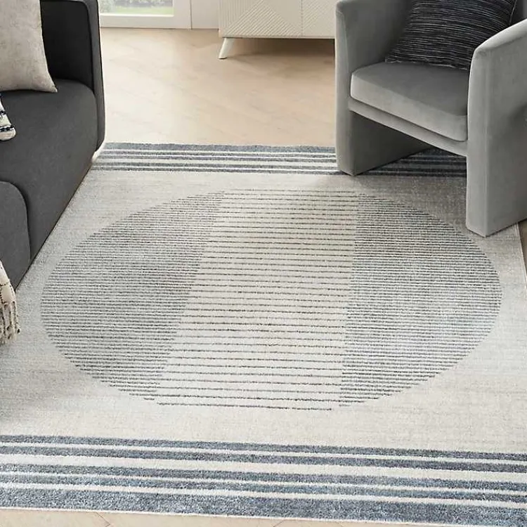 Area Rugs-Kirklands Home Blue and Ivory Linear Orb Washable Area Rug, 5x7