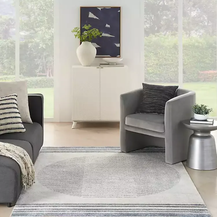 Area Rugs-Kirklands Home Blue and Ivory Linear Orb Washable Area Rug, 5x7