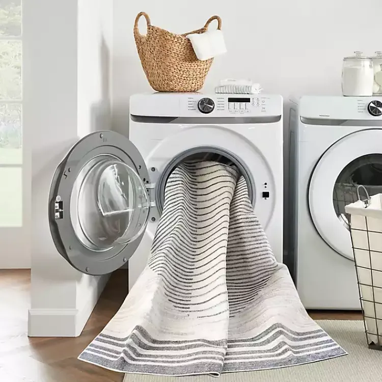 Area Rugs-Kirklands Home Blue and Ivory Linear Orb Washable Area Rug, 5x7