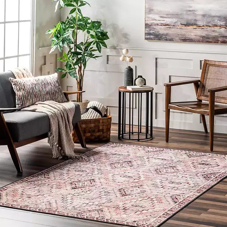 Area Rugs-Kirklands Home Cream & Red Diamond Trellis Washable Area Rug, 5x8