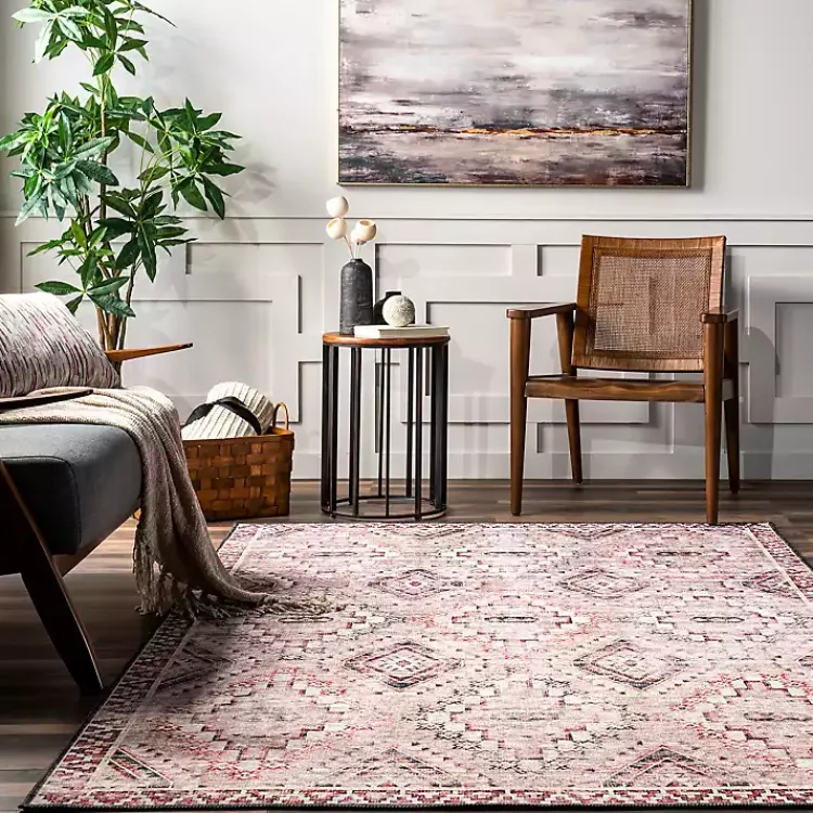 Area Rugs-Kirklands Home Cream & Red Diamond Trellis Washable Area Rug, 5x8