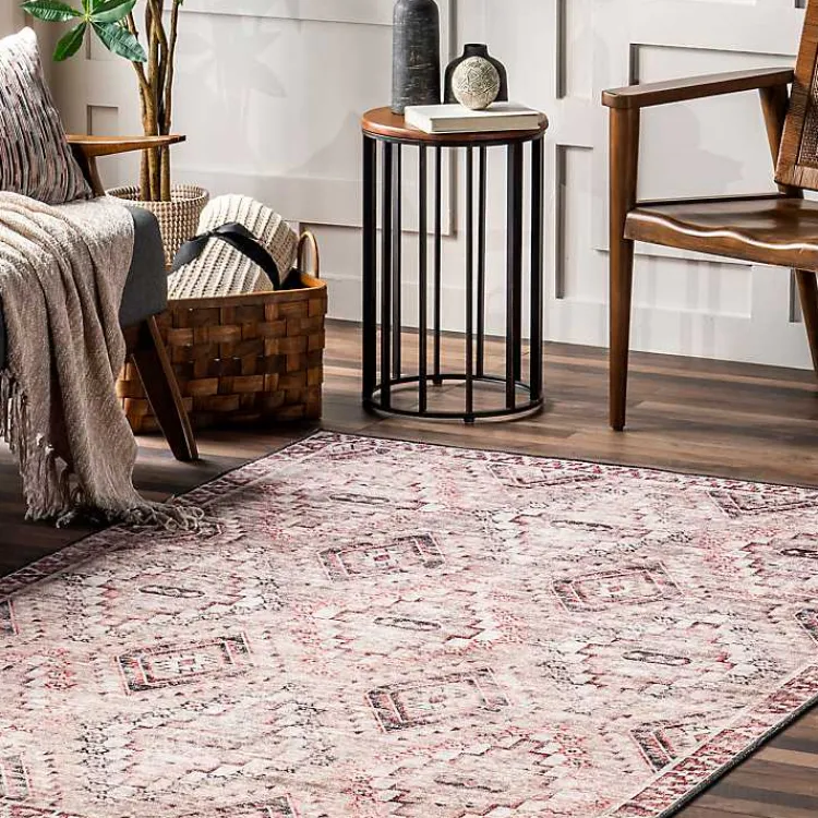 Area Rugs-Kirklands Home Cream & Red Diamond Trellis Washable Area Rug, 5x8