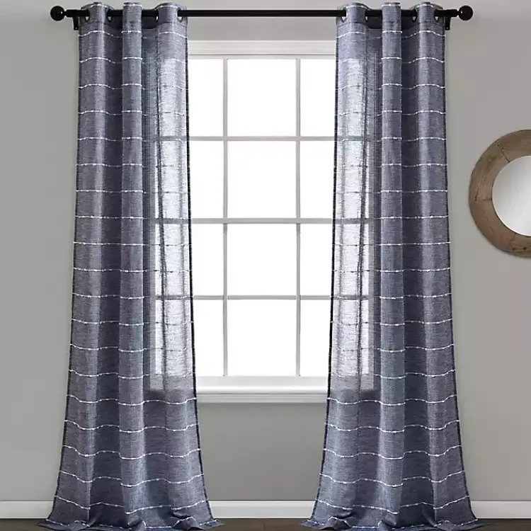Curtains & Drapes-Kirklands Home Sheer Navy Striped Curtain Panel Set, 95 in. Blue
