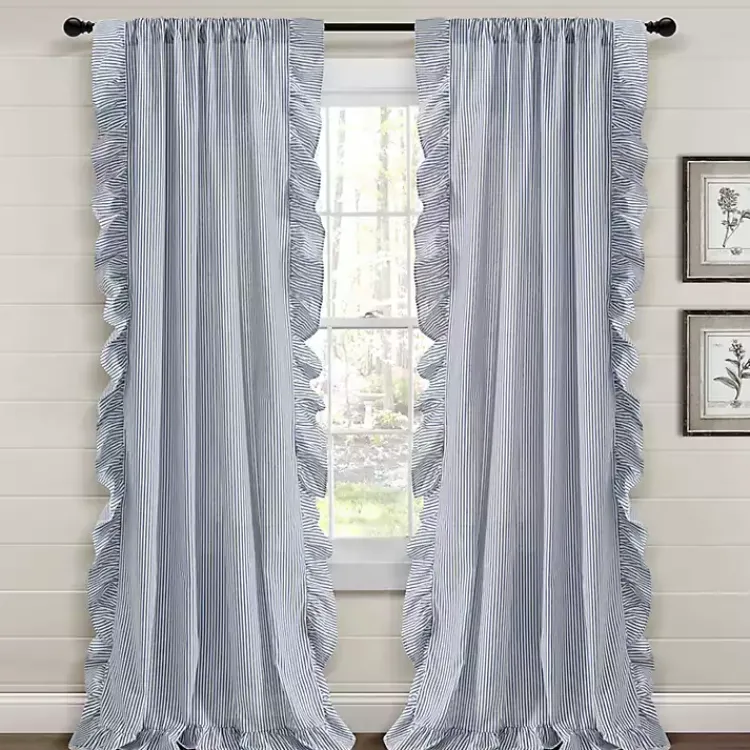 Curtains & Drapes-Kirklands Home Blue Stripe Ruffled Curtain Panel Set, 84 in.