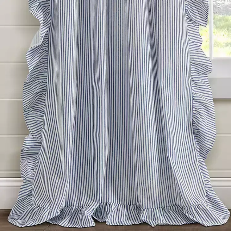 Curtains & Drapes-Kirklands Home Blue Stripe Ruffled Curtain Panel Set, 84 in.