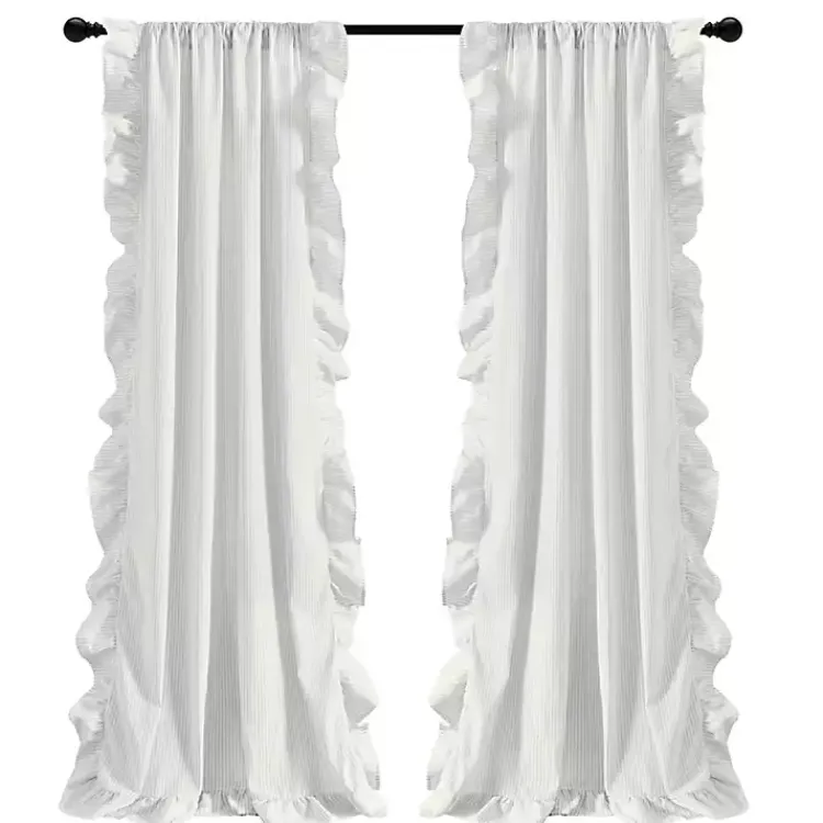 Curtains & Drapes-Kirklands Home Gray Stripe Ruffled Curtain Panel Set, 84 in.