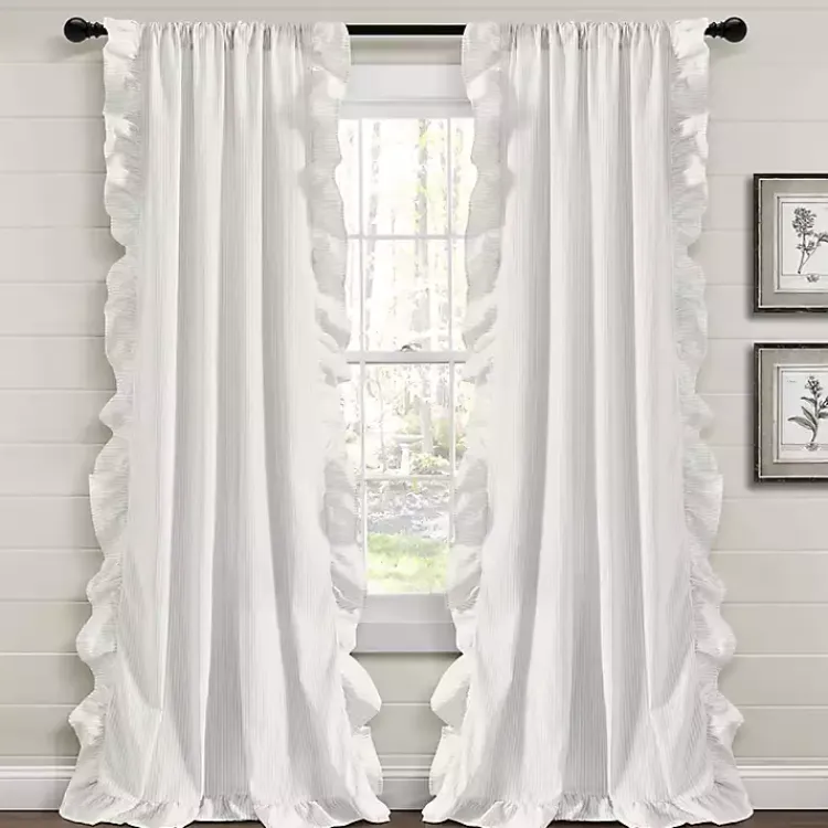 Curtains & Drapes-Kirklands Home Gray Stripe Ruffled Curtain Panel Set, 84 in.