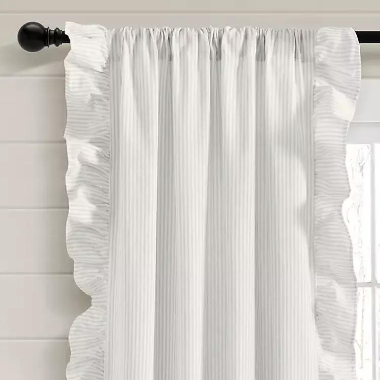 Curtains & Drapes-Kirklands Home Gray Stripe Ruffled Curtain Panel Set, 84 in.