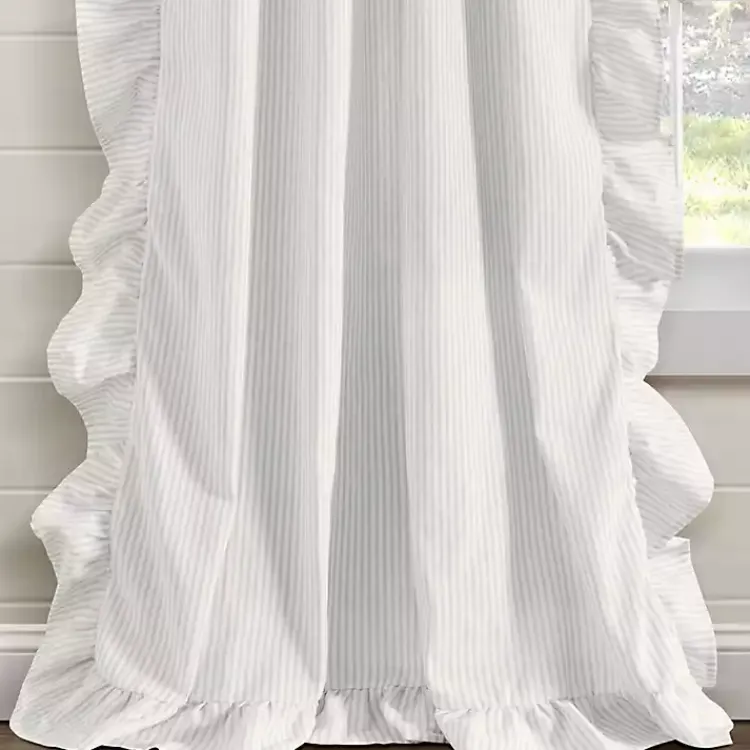 Curtains & Drapes-Kirklands Home Gray Stripe Ruffled Curtain Panel Set, 84 in.
