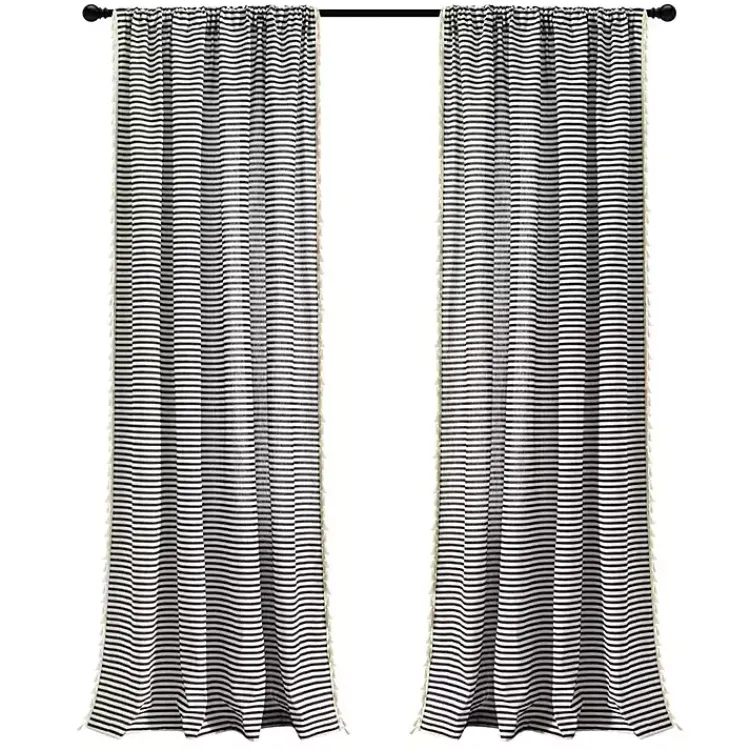 Curtains & Drapes-Kirklands Home Black Striped Tassel Curtain Panel Set, 84 in.