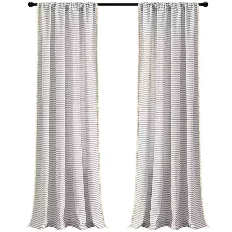 Curtains & Drapes-Kirklands Home Gray Striped Tassel Curtain Panel Set, 84 in.