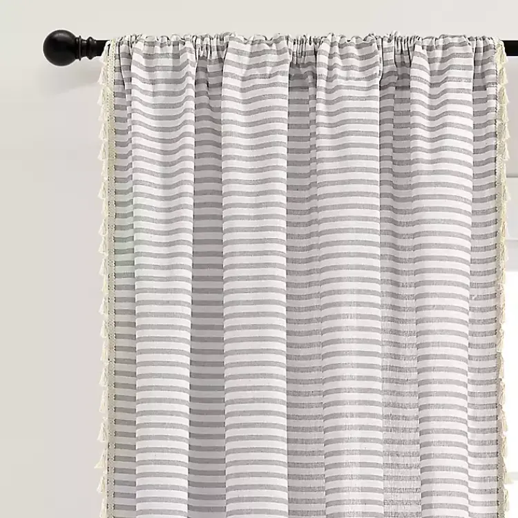 Curtains & Drapes-Kirklands Home Gray Striped Tassel Curtain Panel Set, 84 in.