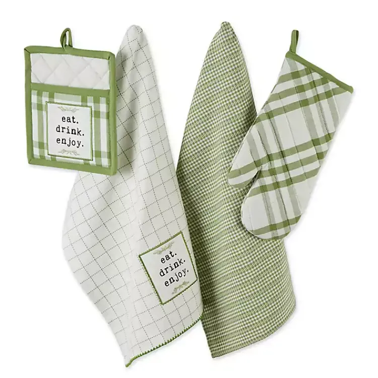 Kitchen Accessories-Kirklands Home Green Plaid Eat Drink Enjoy 4-pc. Dish Towel Set