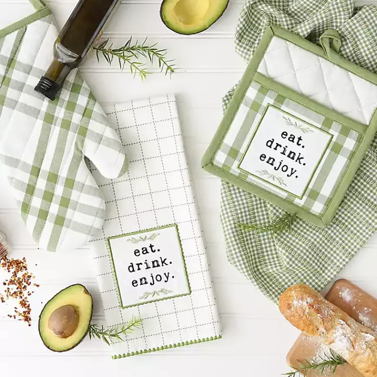 Kitchen Accessories-Kirklands Home Green Plaid Eat Drink Enjoy 4-pc. Dish Towel Set