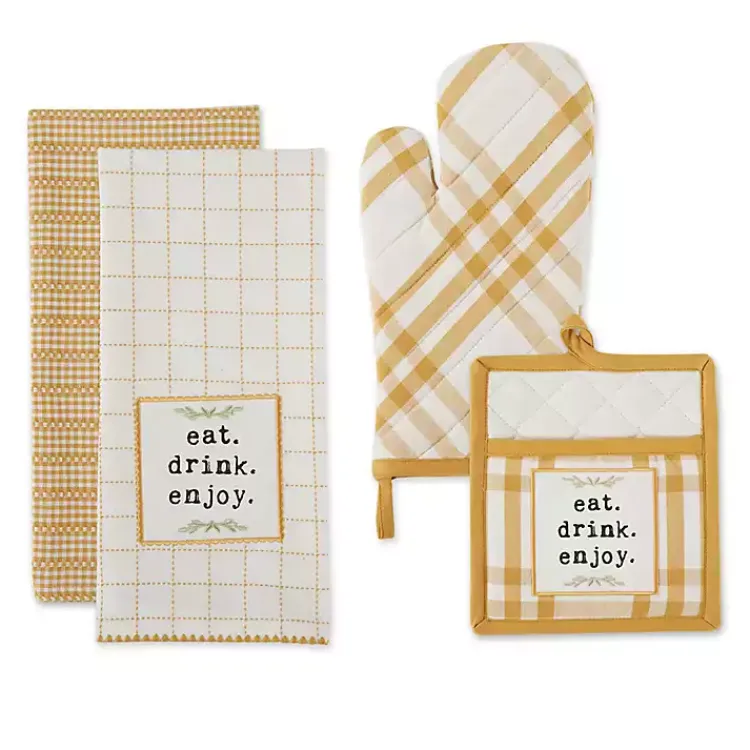 Kitchen Accessories-Kirklands Home Yellow Plaid Eat Drink Enjoy 4-pc. Dish Towel Set