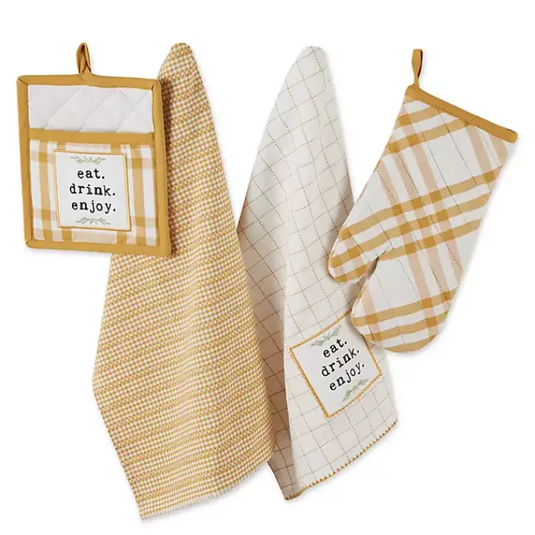 Kitchen Accessories-Kirklands Home Yellow Plaid Eat Drink Enjoy 4-pc. Dish Towel Set