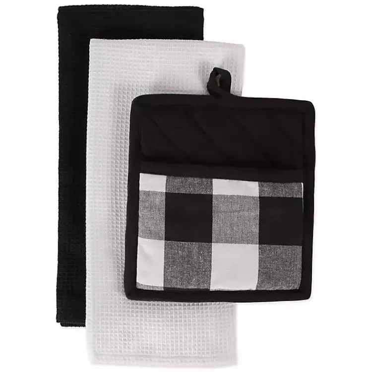 Kitchen Accessories-Kirklands Home Black Buffalo Check 3-pc. Potholder & Towel Set