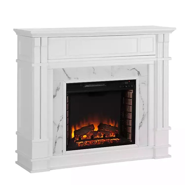 Tv Stands & Media Consoles-Kirklands Home Wood Faux Marble LED Media Fireplace White