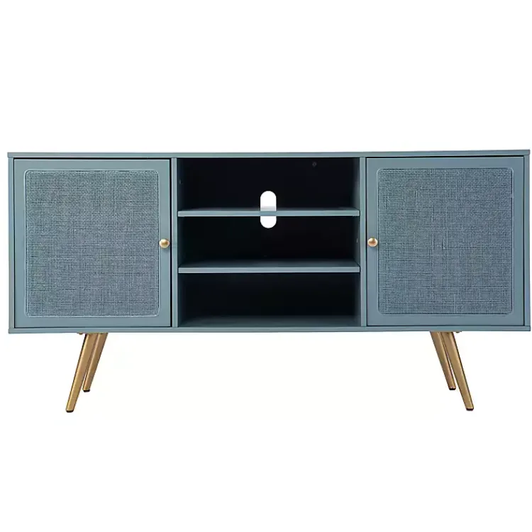 Tv Stands & Media Consoles-Kirklands Home Light Wood and Cane Media Cabinet Blue