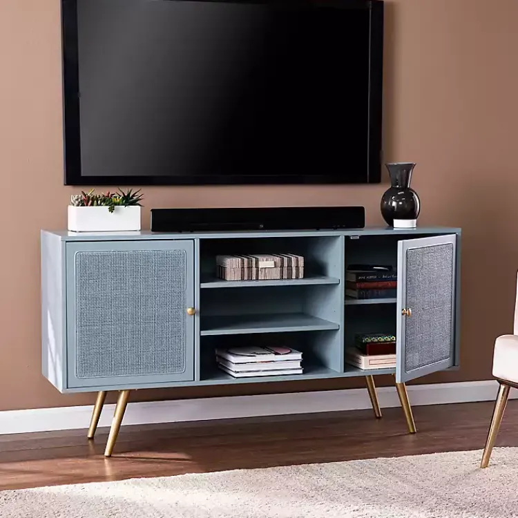 Tv Stands & Media Consoles-Kirklands Home Light Wood and Cane Media Cabinet Blue