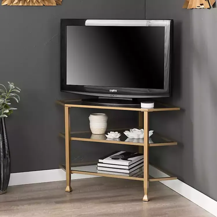 Tv Stands & Media Consoles-Kirklands Home Metal and Glass Corner TV Stand Gold
