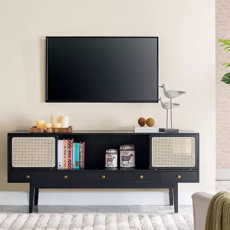 Tv Stands & Media Consoles-Kirklands Home Matilda Midcentury Woven Cane Media Cabinet Black