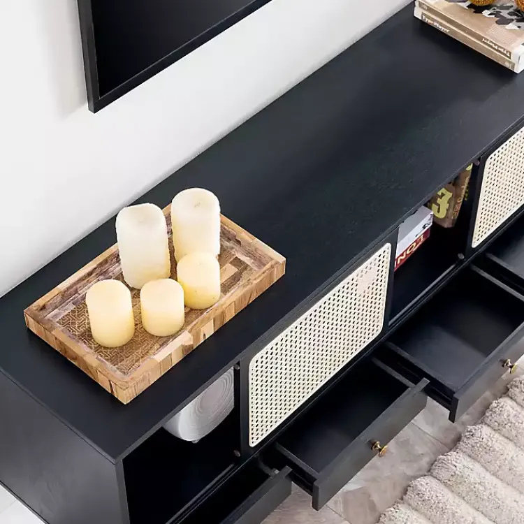 Tv Stands & Media Consoles-Kirklands Home Matilda Midcentury Woven Cane Media Cabinet Black