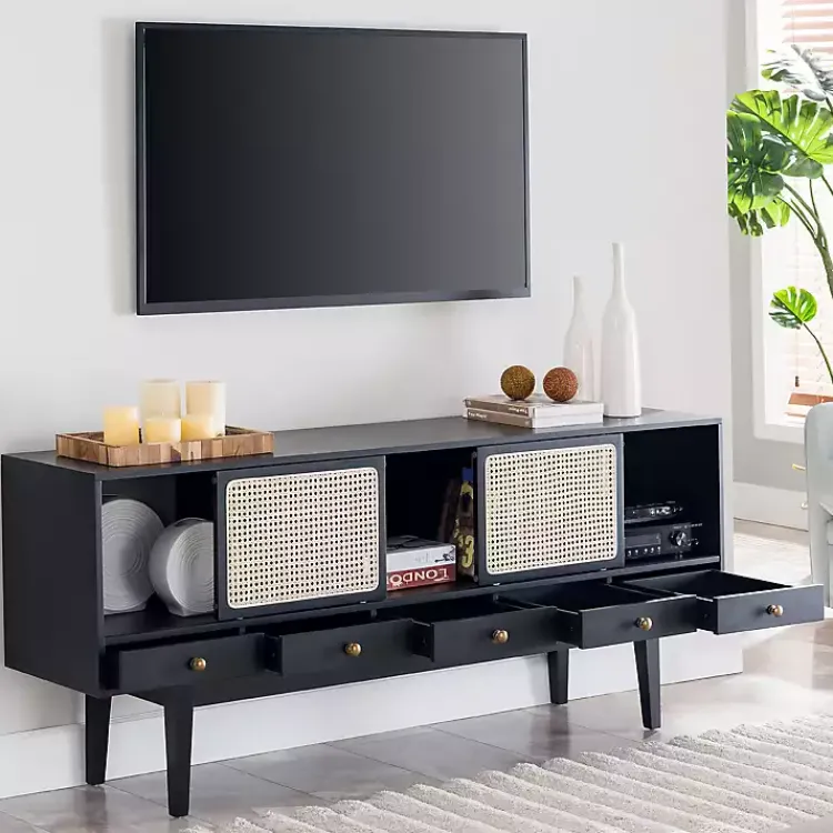 Tv Stands & Media Consoles-Kirklands Home Matilda Midcentury Woven Cane Media Cabinet Black