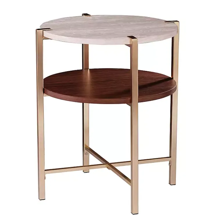 Accent & End Tables-Kirklands Home Round Gold 2-Tier Accent Table White