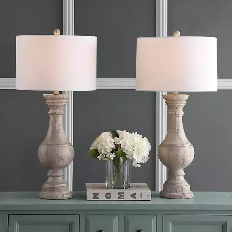 Table Lamps-Kirklands Home Distressed Ivory Faux Wood Table Lamps, Set of 2 White