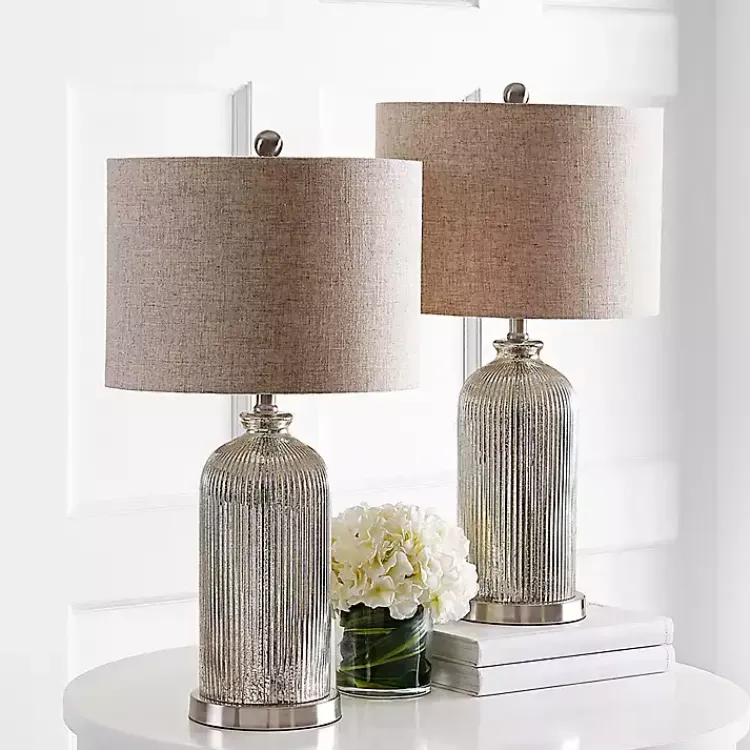Table Lamps-Kirklands Home Silver Mercury Glass Ribbed Table Lamps, Set of 2 Tan