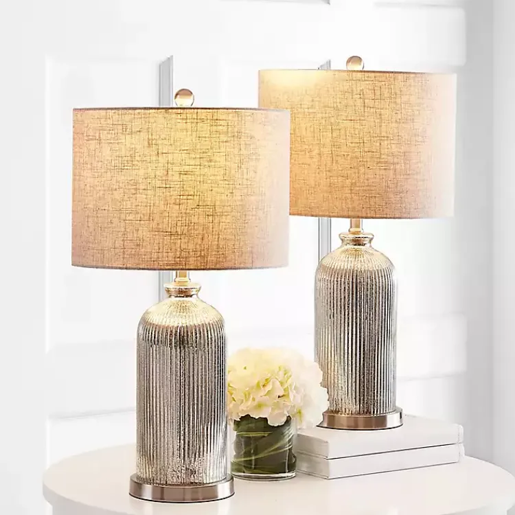 Table Lamps-Kirklands Home Silver Mercury Glass Ribbed Table Lamps, Set of 2 Tan