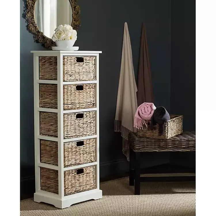 Bookshelves-Kirklands Home Wood 5-Tier Basket Storage Shelf White