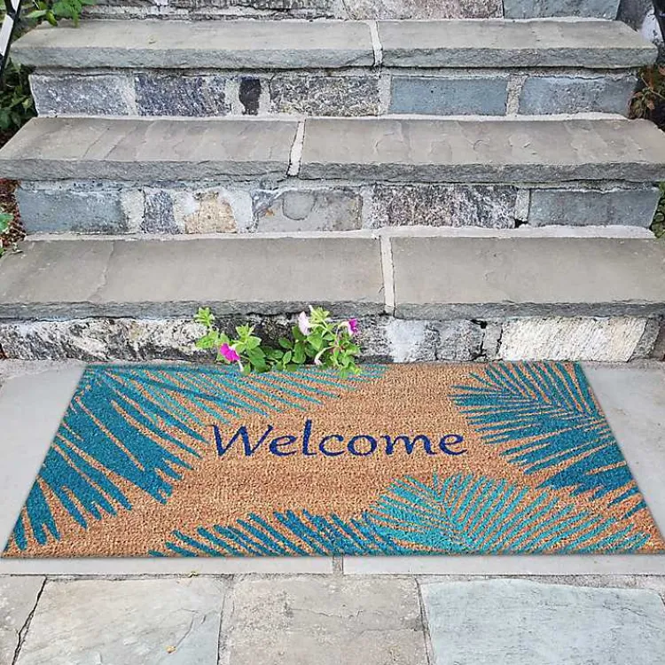 Doormats-Kirklands Home Blue Palm Fronds Welcome Coir Doormat