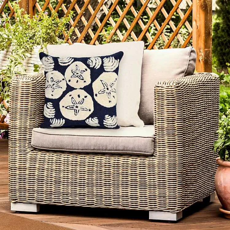 Outdoor Cushions & Pillows-Kirklands Home Handhooked Navy Sand Dollar Outdoor Throw Pillow