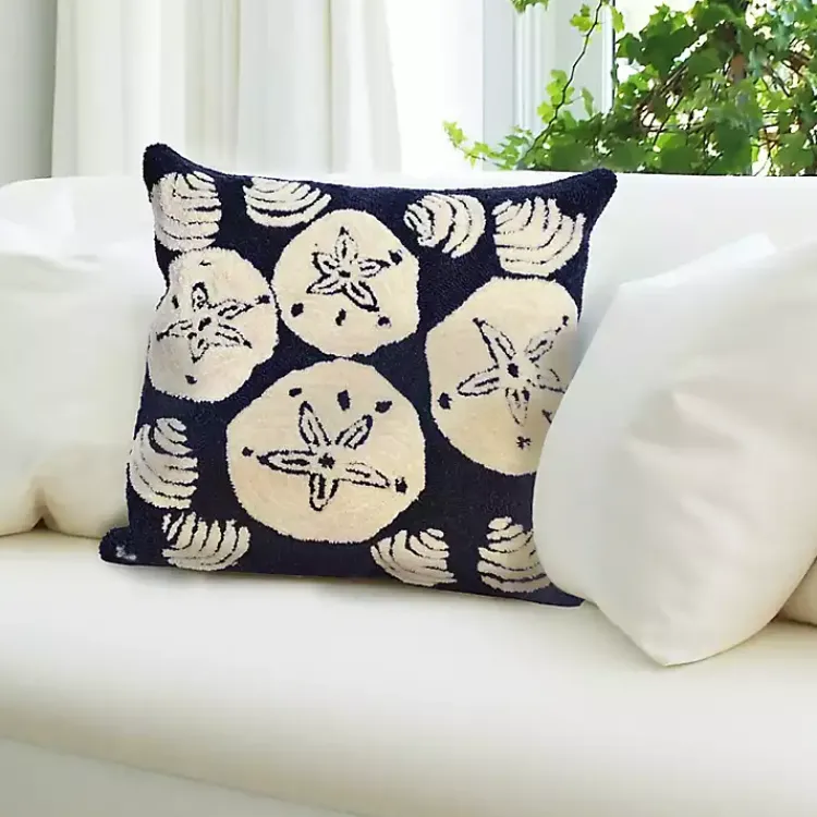 Outdoor Cushions & Pillows-Kirklands Home Handhooked Navy Sand Dollar Outdoor Throw Pillow