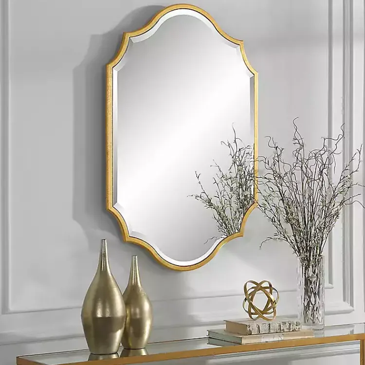 Decorative Mirrors-Kirklands Home Gold Leaf Curved Metal Wall Mirror