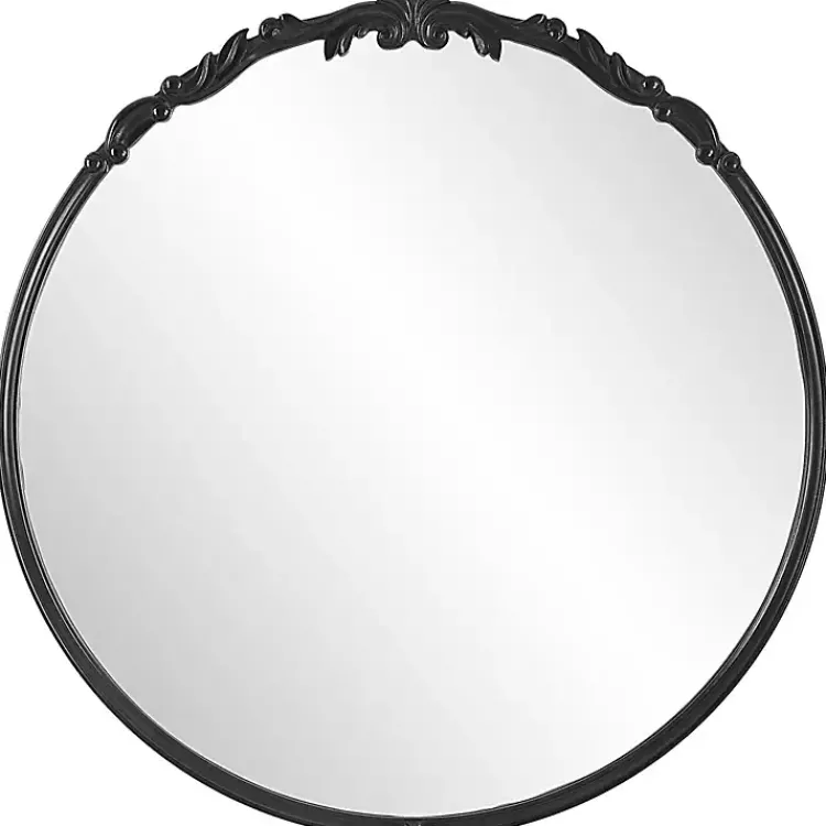 Decorative Mirrors-Kirklands Home Satin Black Ornate Round Wall Mirror