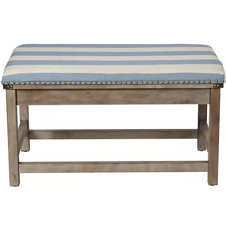 Benches & Ottomans-Kirklands Home Blue and White Striped Upholstered Wood Bench