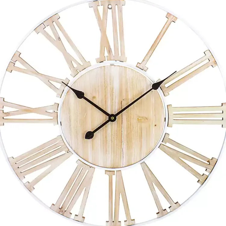Clocks-Kirklands Home Round White Metal and Wood Wall Clock