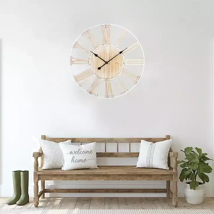 Clocks-Kirklands Home Round White Metal and Wood Wall Clock