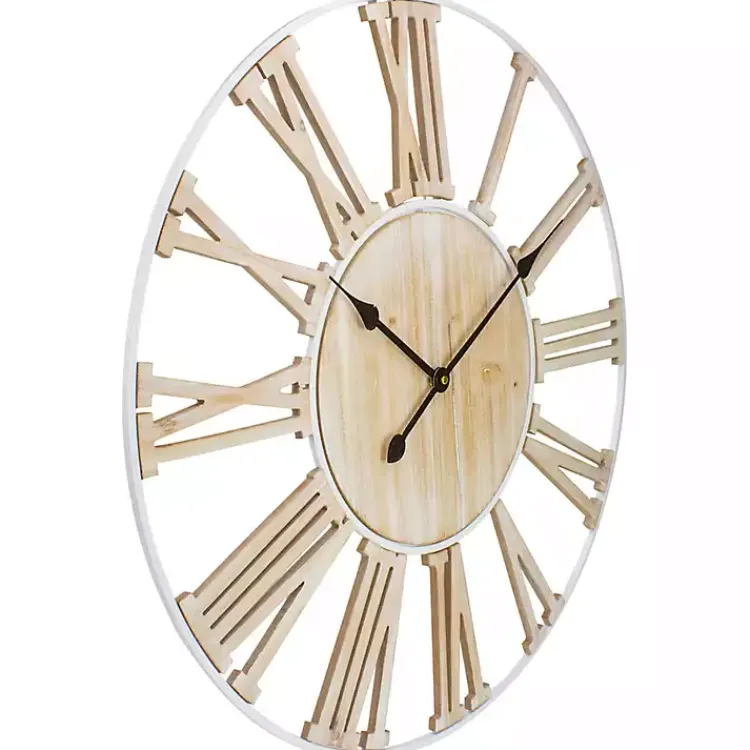 Clocks-Kirklands Home Round White Metal and Wood Wall Clock