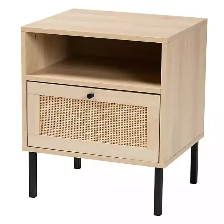 Nightstands-Kirklands Home Natural Wood and Metal Storage Shelf Nightsd Tan