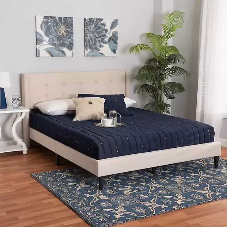 Beds & Headboards-Kirklands Home Beige Button Tufted Headboard Full Platform Bed Tan