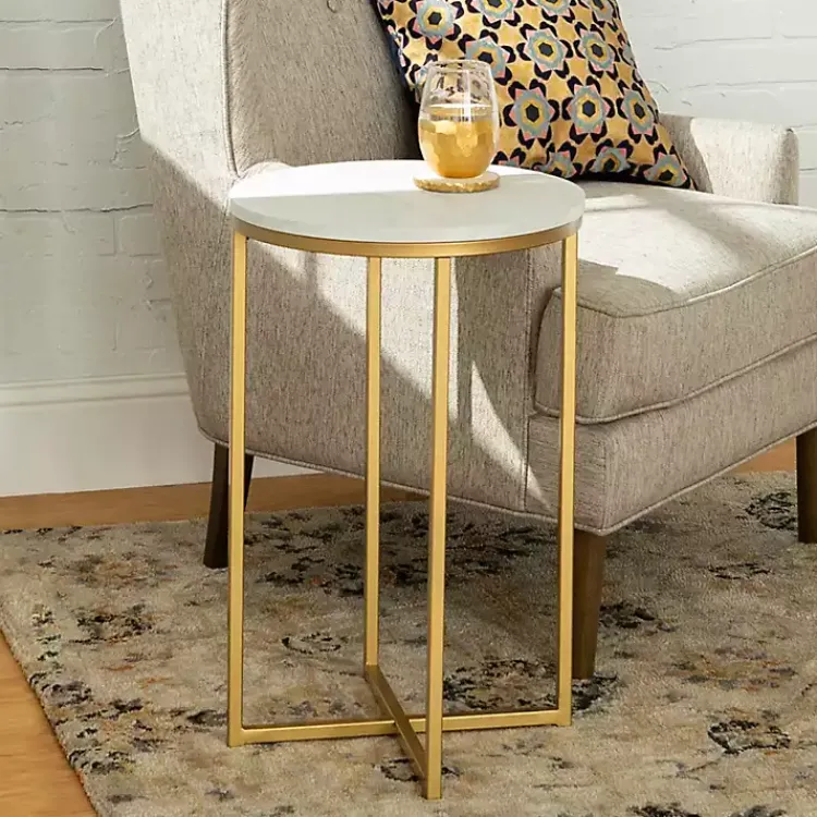 Accent & End Tables-Kirklands Home Round Marble and Gold Accent Table White