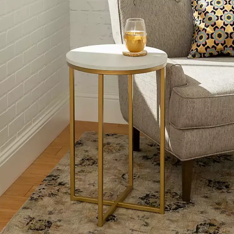Accent & End Tables-Kirklands Home Round Marble and Gold Accent Table White